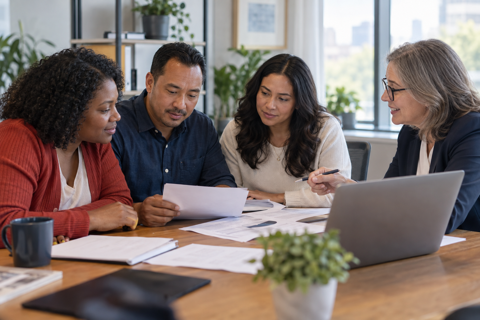 Coworkers reviewing workplace documents together.