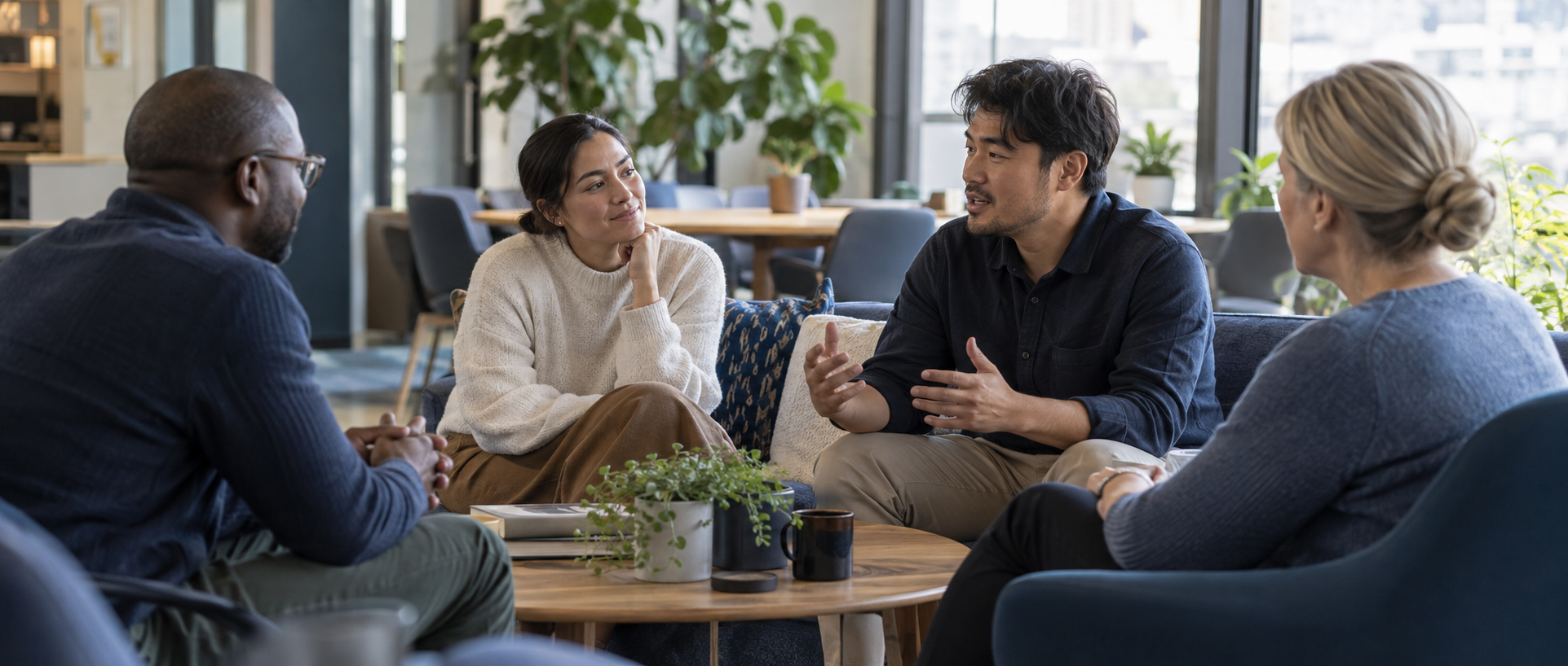 A diverse group of coworkers having a thoughtful conversation in a welcoming office.