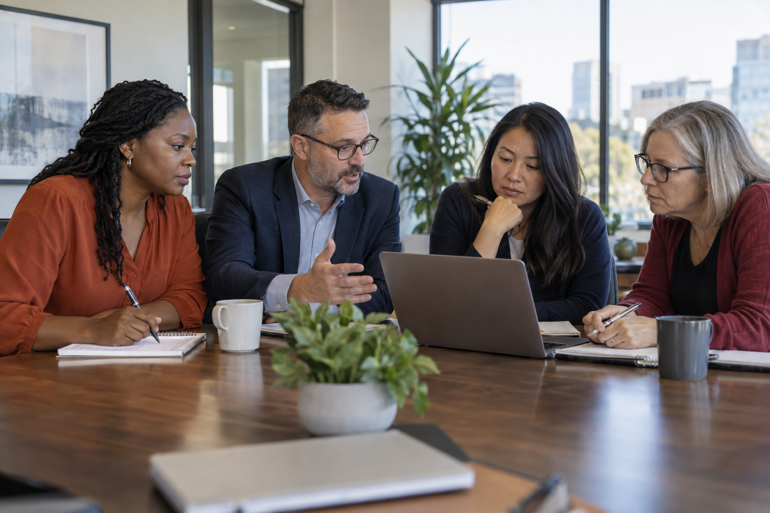A diverse group of professionals discussing work around a conference table.