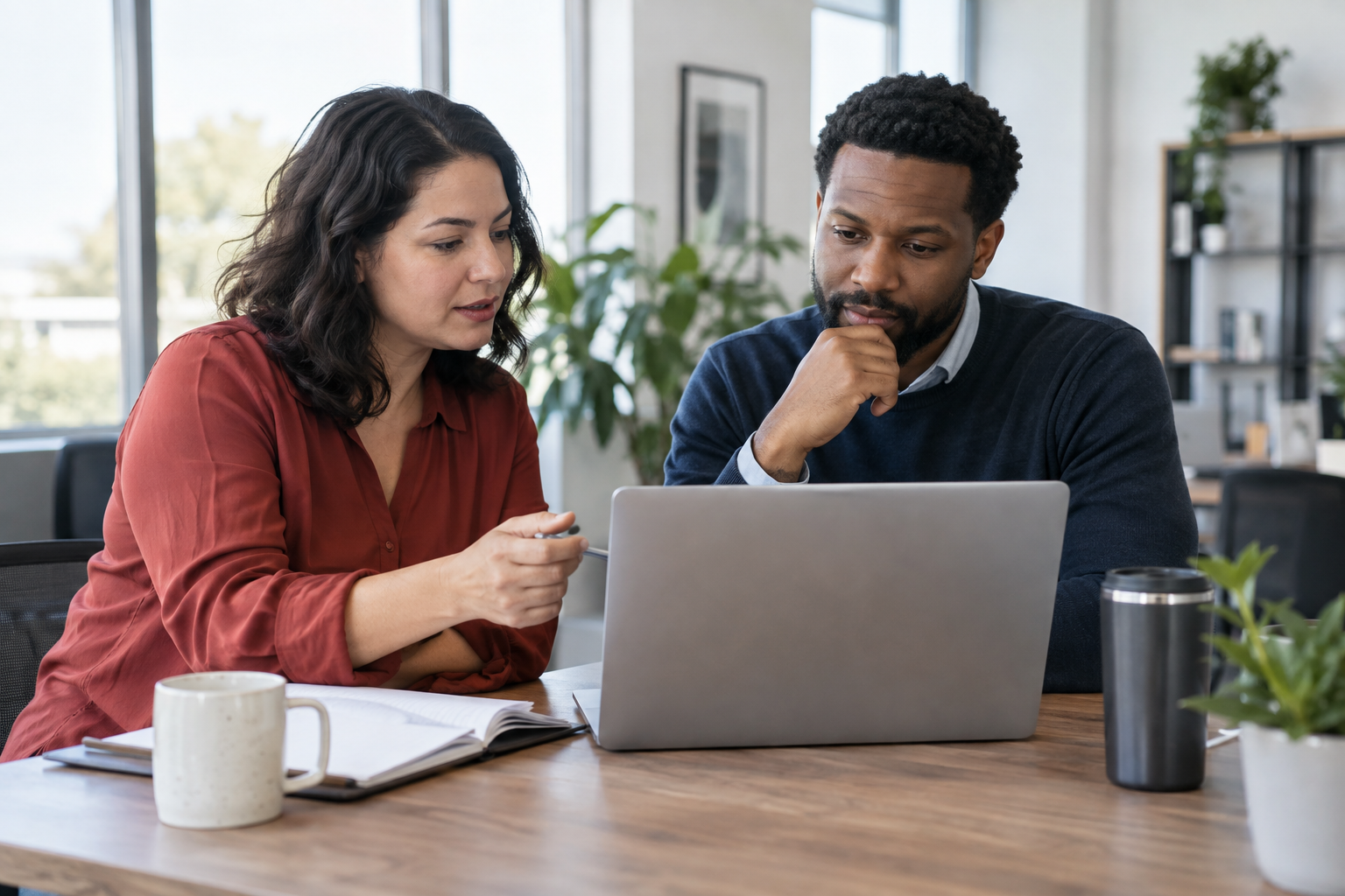 Two coworkers reviewing onboarding details together.