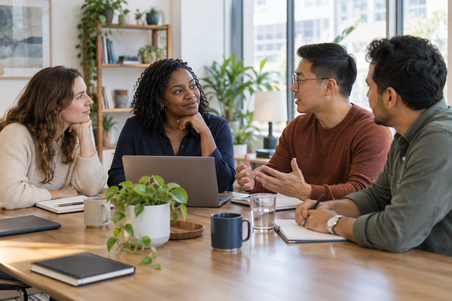 A diverse team listening and sharing ideas around a meeting table.